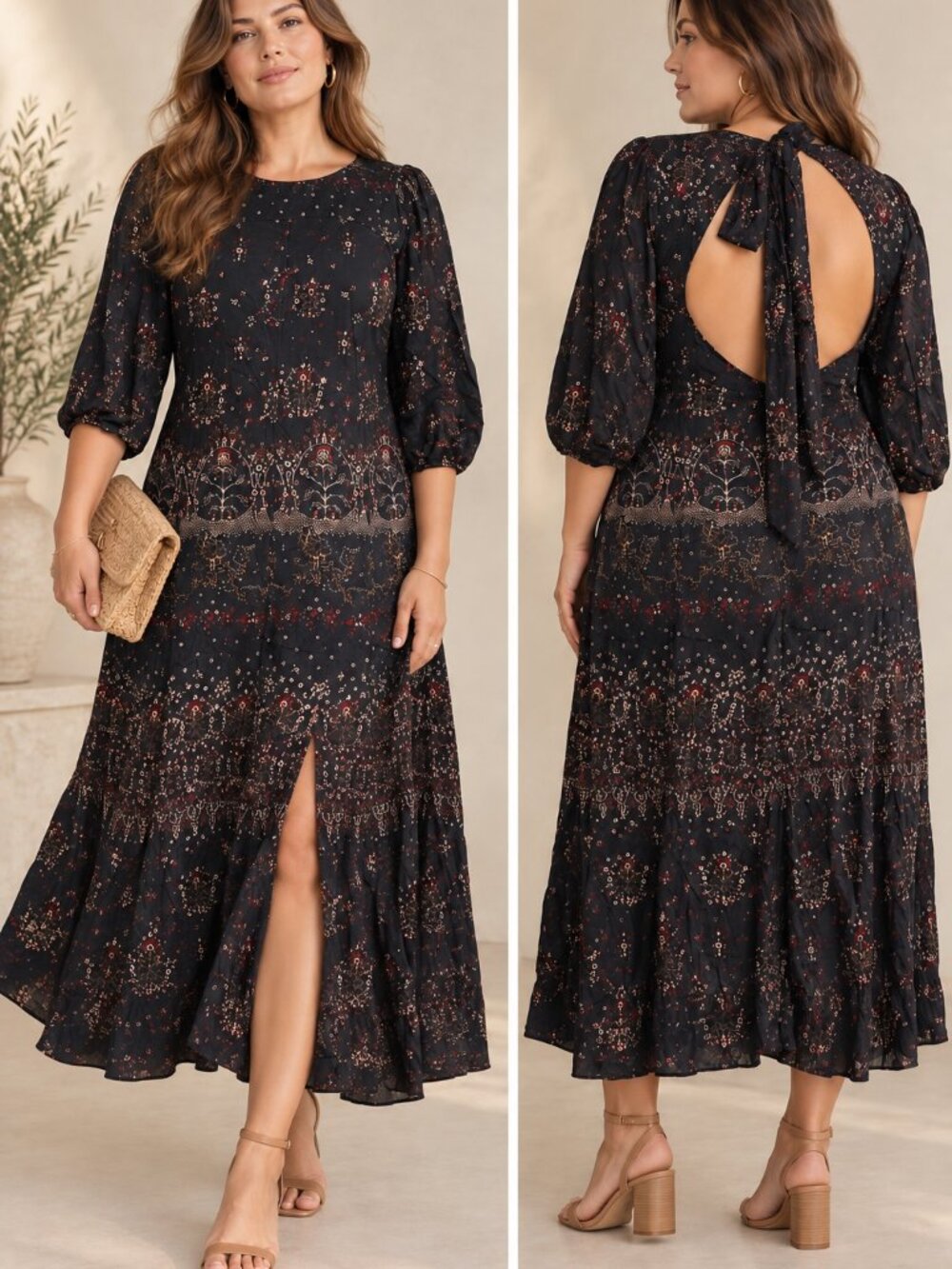 Rebecca Taylor Black Floral Open Back Tie Midi Dress Size XL